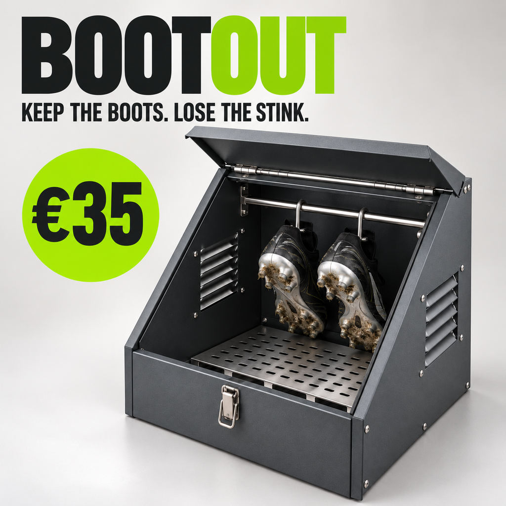 Boot Out - Keep the boots. Lose the stink. Ventilated boot storage box open showing football boots.