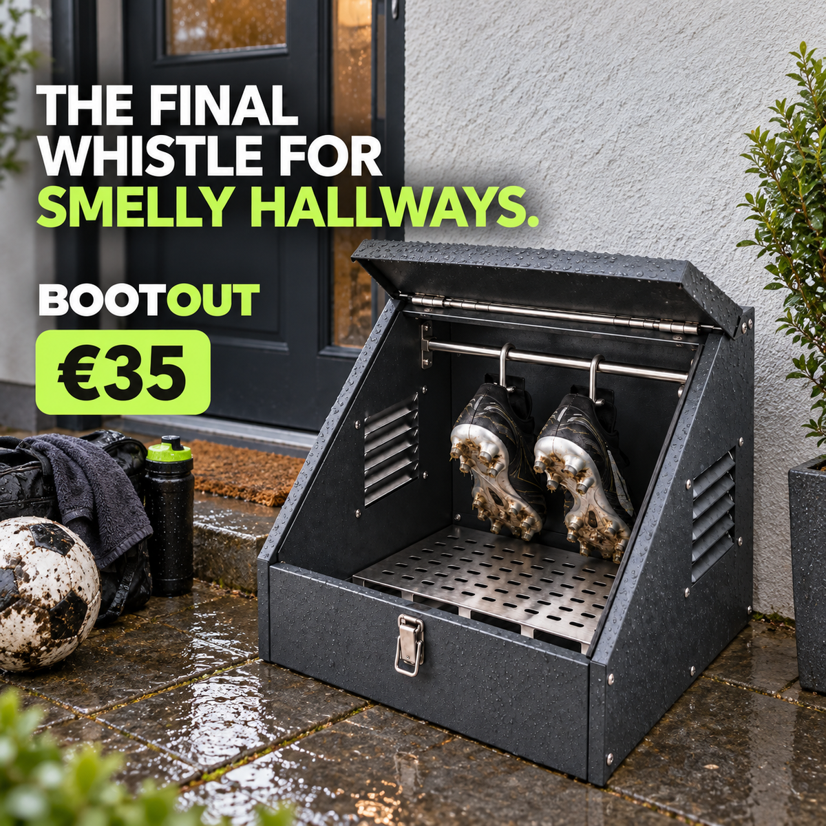 Boot Out - The final whistle for smelly hallways. Outdoor boot storage in the rain.