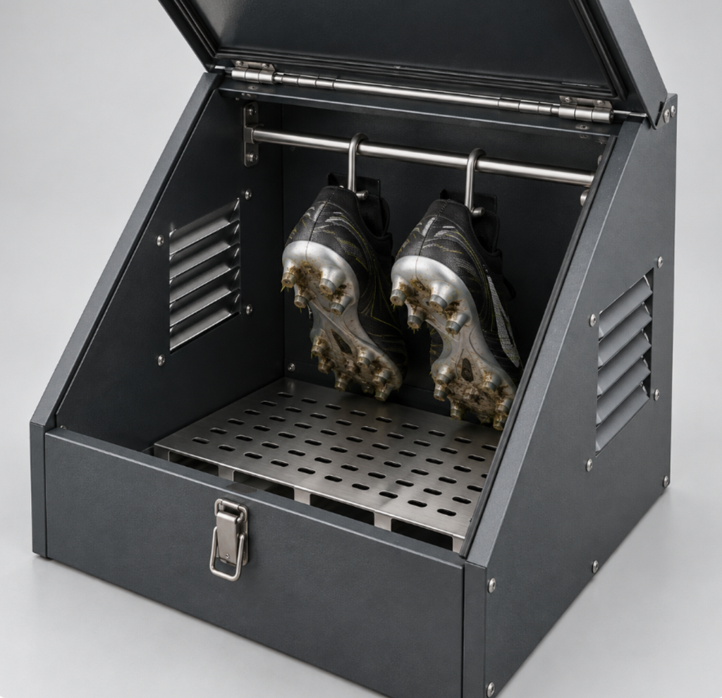 Boot Out odour eliminator box with football boots inside